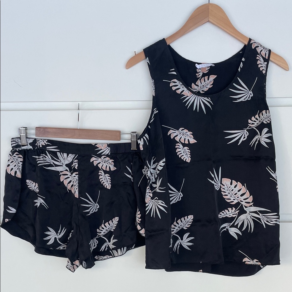 Lunya Black and Pink Leaf Print Pajama Set